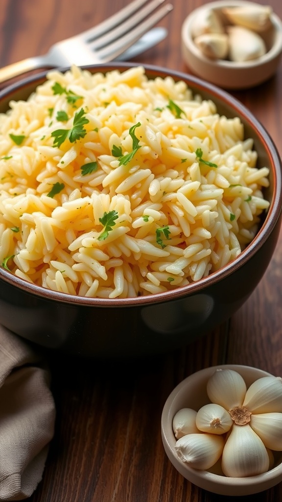 Fluffy garlic butter rice garnished with parsley in a bowl on a wooden table.